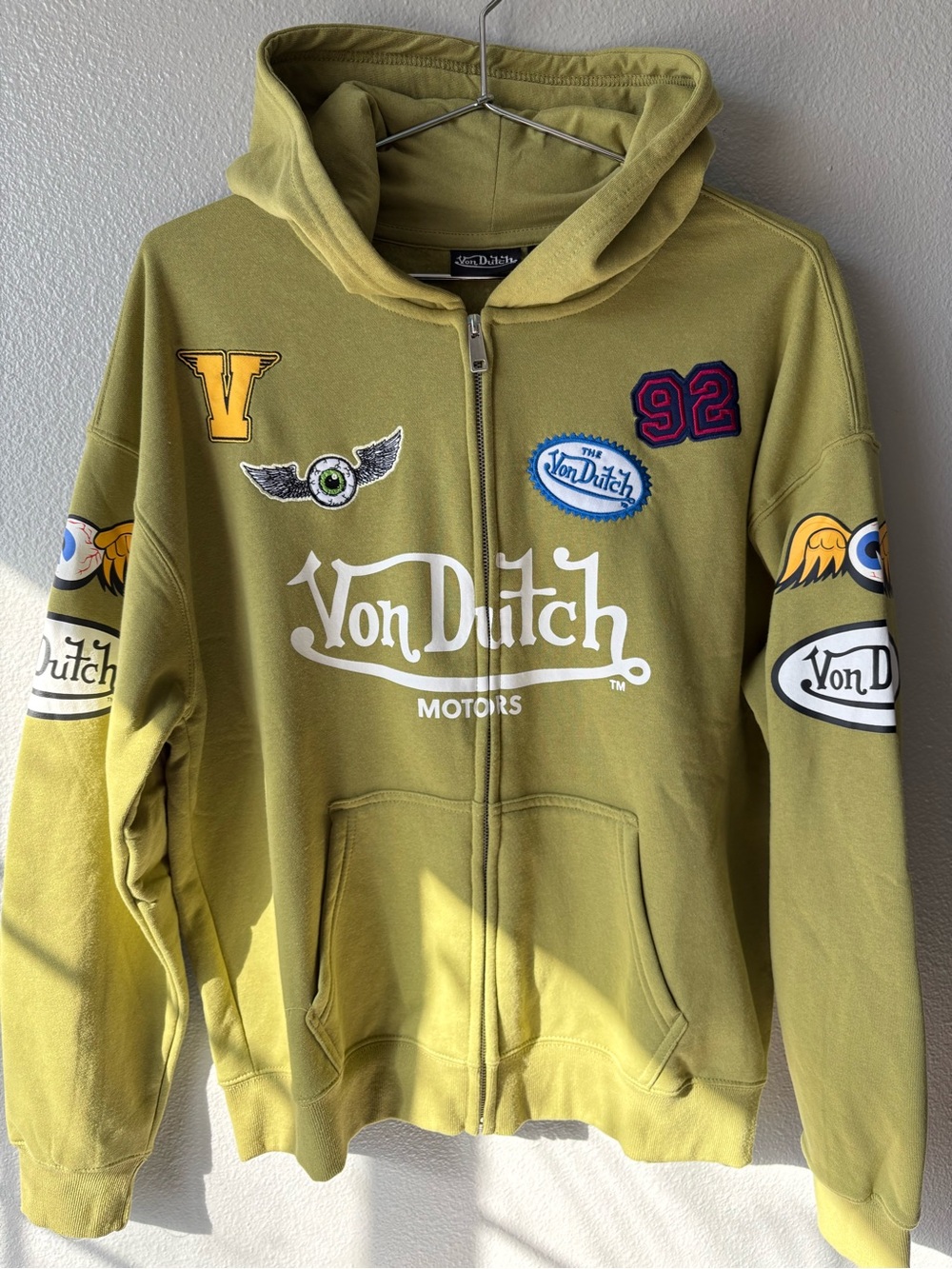 Von Dutch Olive Green Zip Hoodie with Logo Patches